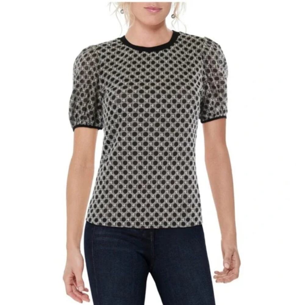 NWT Gracia Black & White Puff Sleeve Crew Neck Blouse Size S